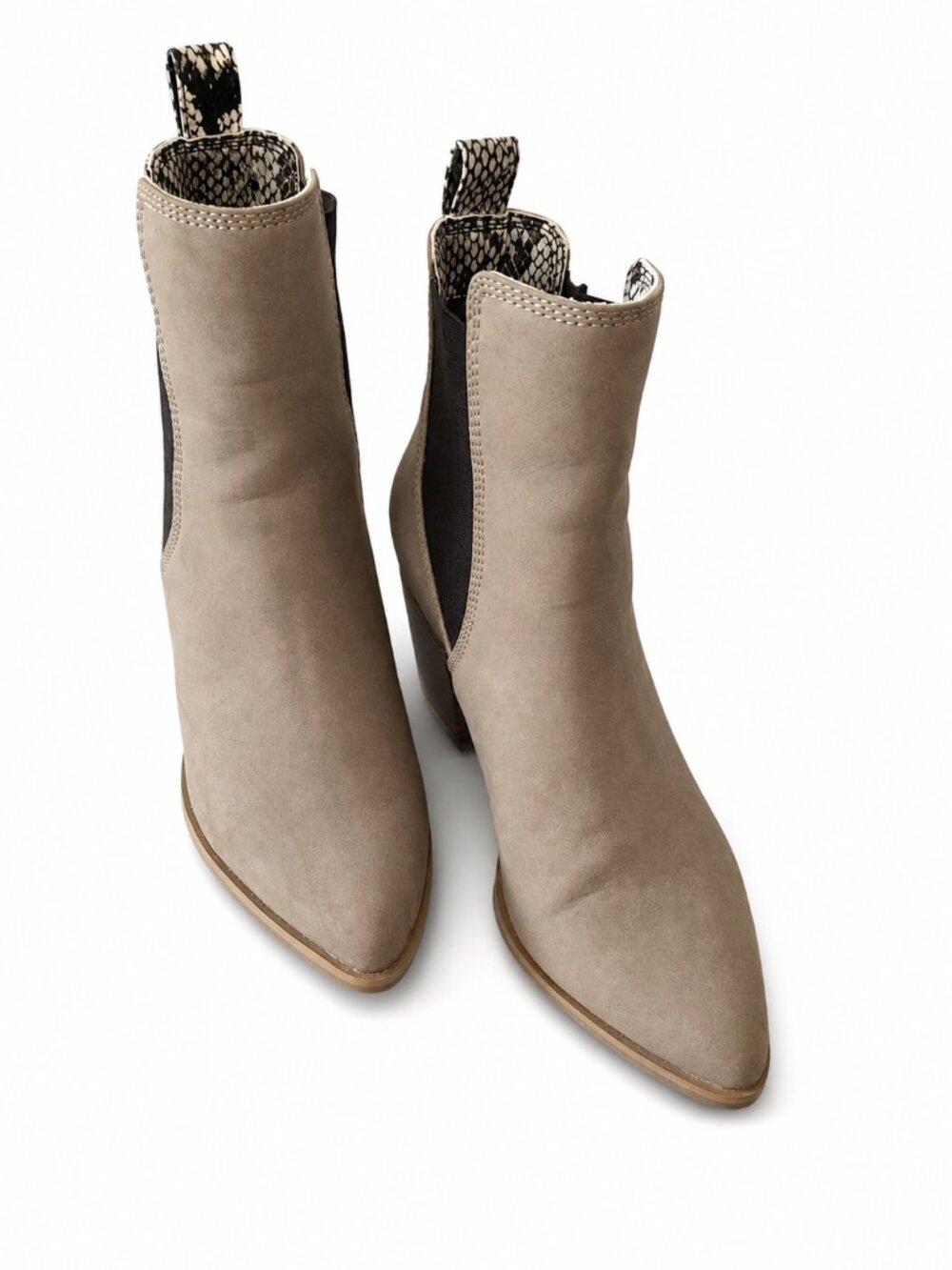 Noize Taupe Pointed Chelsea Booties with Snake-Print Pull Tabs